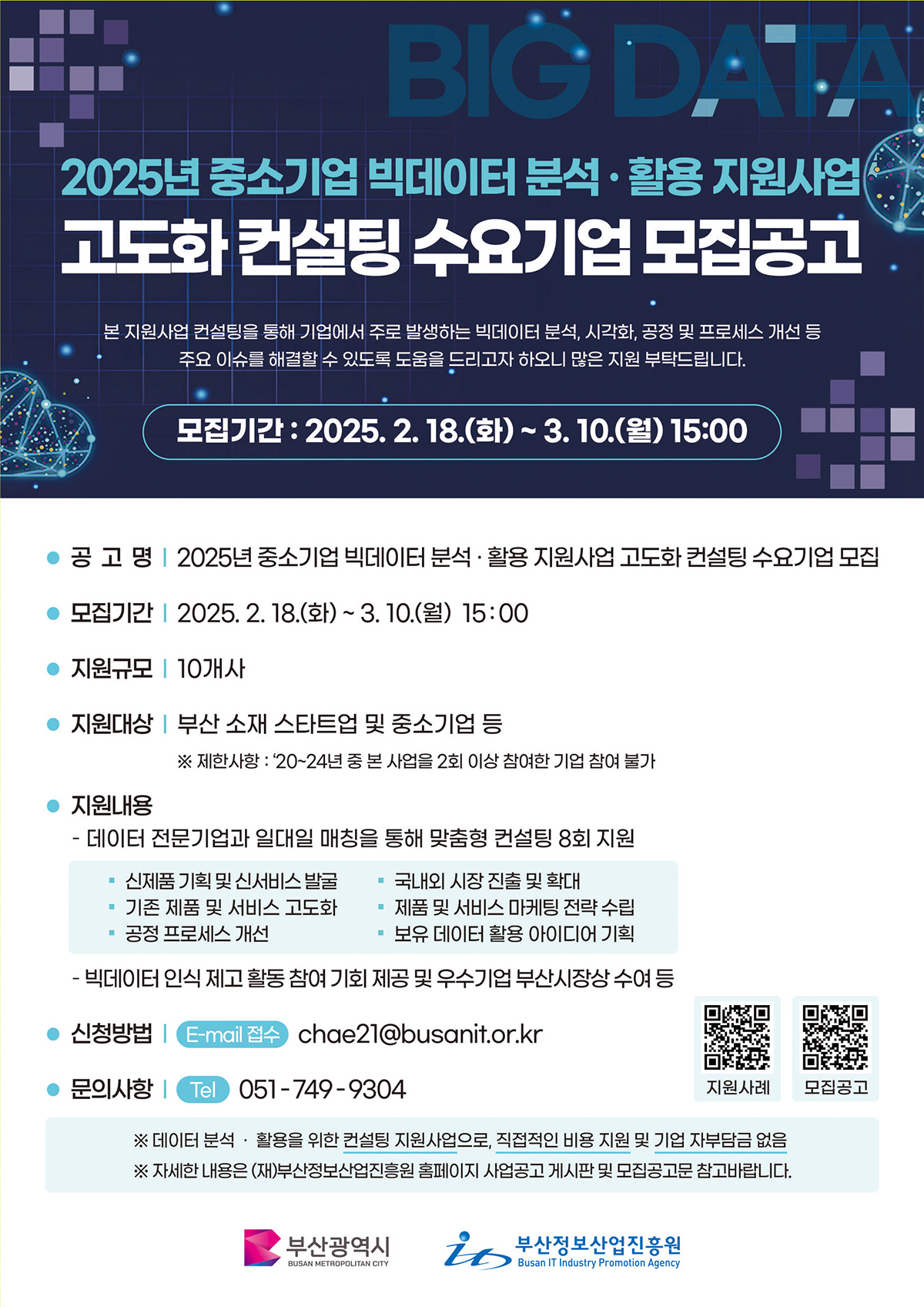 2025년 중소기업 빅데이터 분석·활용 지원사업 고도화 컨설팅 수요기업 모집공고. 기업에서 발생하는 빅데이터 분석, 시각화, 공정 및 프로세스 개선 등 주요 이슈를 해결할 수 있도록 도움을 드리고자 하오니 많은 지원 부탁드립니다. 모집기간: 2025년 2월 18일 ~ 3월 10일. 지원규모: 10개사. 지원대상: 부산 소재 스타트업 및 중소기업. 지원내용: 데이터 전문기업과 일대일 매칭을 통한 맞춤형 컨설팅 8회, 빅데이터 인식 제고 활동 및 우수기업 부산시장상 수여. 신청방법: E-mail 접수. 문의사항: 전화 051-749-9304.