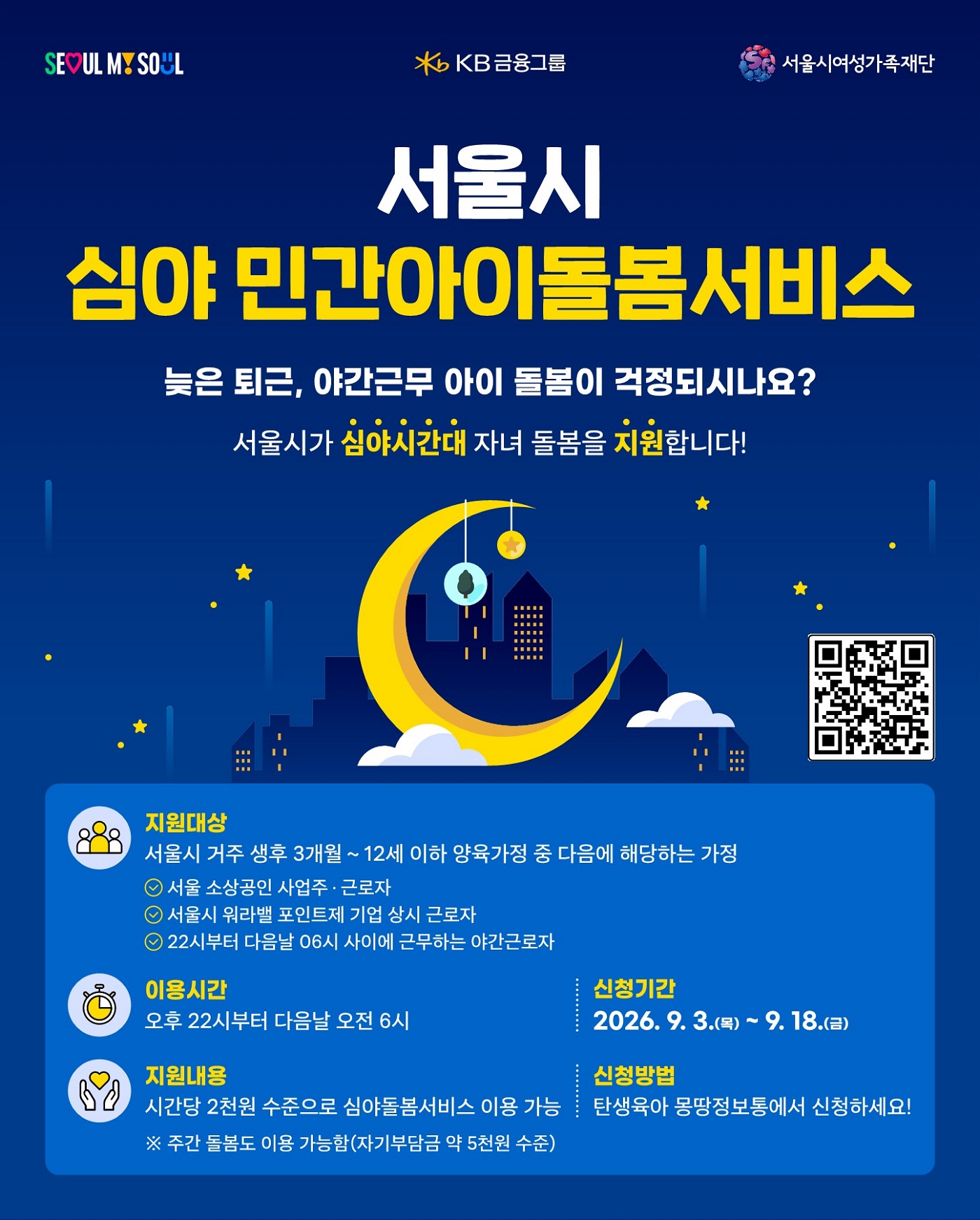 SEOUL MY SOUL | KB금융그룹 | 서울시여성가족재단 | 서울시 심야 민간아이돌봄서비스 | 늦은 퇴근, 야간근무 아이 돌봄이 걱정되시나요? | 서울시가 심야시간대 자녀 돌봄을 지원합니다! | 지원대상 | 서울시 거주 생후 3개월 ~ 12세 이하 양육가정 중 다음에 해당하는 가정 | 서울 소상공인 사업주·근로자 | 서울시 워라밸 포인트제 기업 상시 근로자 | 22시부터 다음날 06시 사이에 근무하는 야간근로자 | 이용시간 | 오후 22시부터 다음날 오전 6시 | 신청기간 | 2026. 9. 3.(목) ~ 9. 18.(금) | 지원내용 | 시간당 2천원 수준으로 심야돌봄서비스 이용 가능 | ※ 주간 돌봄도 이용 가능함(자기부담금 약 5천원 수준) | 신청방법 | 탄생육아 몽땅정보통에서 신청하세요!