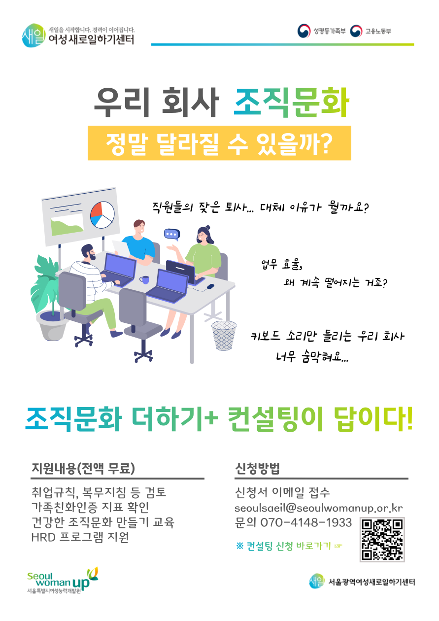 우리 회사 조직문화 정말 달라질 수 있을까? 직원들의 잦은 퇴사... 대체 이유가 뭘까요? 업무 효율, 왜 계속 떨어지는 거죠? 키보드 소리만 들리는 우리 회사 너무 숨막혀요... 조직문화 더하기+ 컨설팅이 답이다! | 지원내용(전액 무료) -취업규칙, 복무지침 등 검토 -가족친화인증 지표 확인 -건강한 조직문화 만들기 교육 -HRD 프로그램 지원 | 신청방법 -신청서 이메일 접수 seoulsaeli@seoulwomanup.or.kr | 문의 070-4148-1933 | 서울특별시여성능력개발원 서울광역여성새로일하기센터
